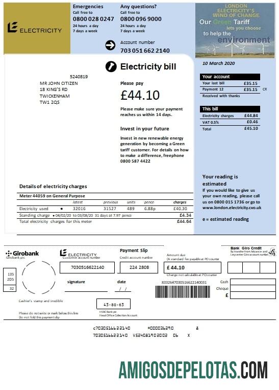 Em branco modelo de conta de serviços públicos de eletricidade do Reino Unido em formato Word e PDF